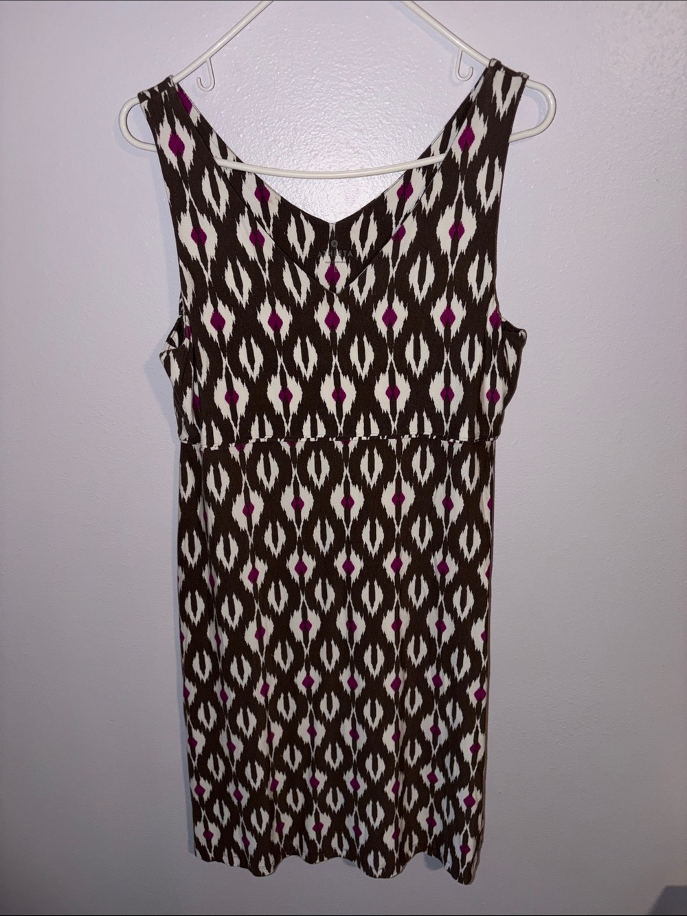 Athleta Brown and Cream Ikat Sleeveless Dress with Pink Accents, sz L